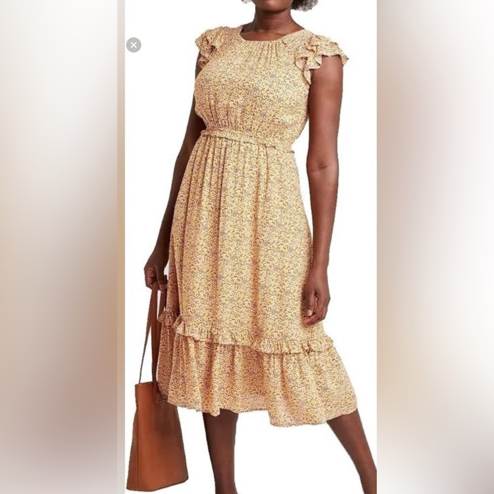 Floral Flutter Sleeve Midi Dress (Yellow/Burnt Orange) , SZ Small